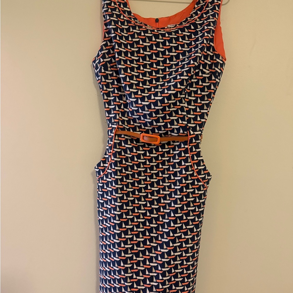 London Times Blue and Orange Midi Dress